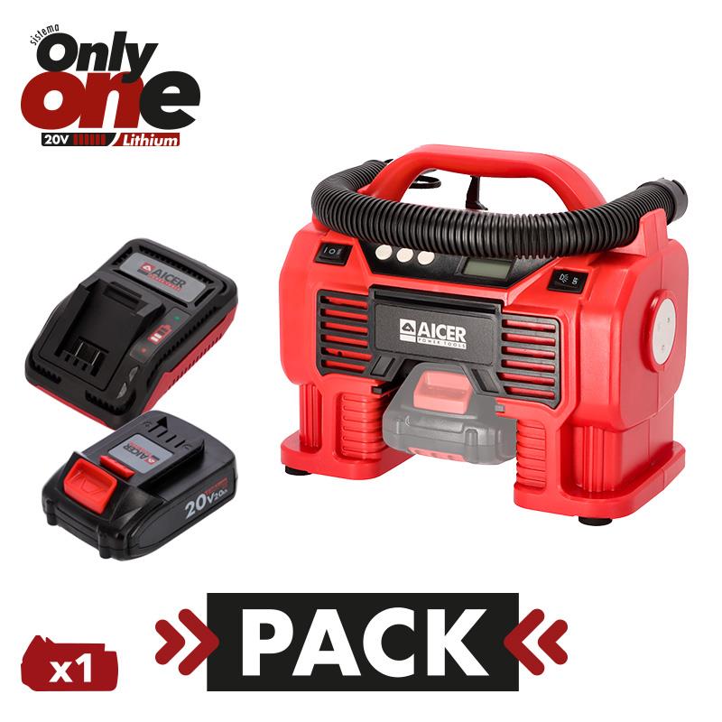 PACK COMPRESOR AIRE 20V ONLYONE + CARGADOR + BATERIA 20V 2AH ONLYONE AICER