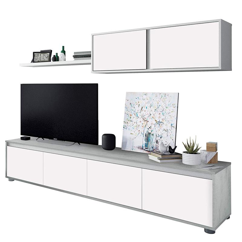 MUEBLE TV CON ESTANTE 6 PUERTAS 1 ESTANTE SUPERIOR BLANCO ARTIK/CEMENTO